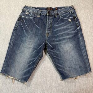 Ed Hardy Jeans Men's 36 Blue Denim Shorts Cut Off Distressed Button Fly